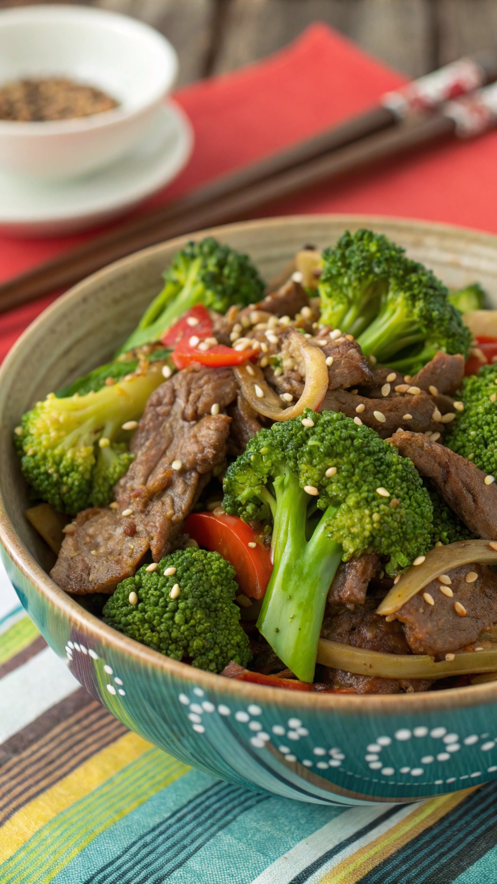 A colorful bowl of beef and broccoli stir-fry with sesame seeds on top.