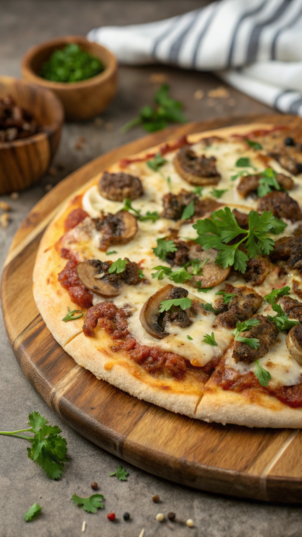 Hearty beef and mushroom protein pizza on a wooden board, garnished with fresh herbs.