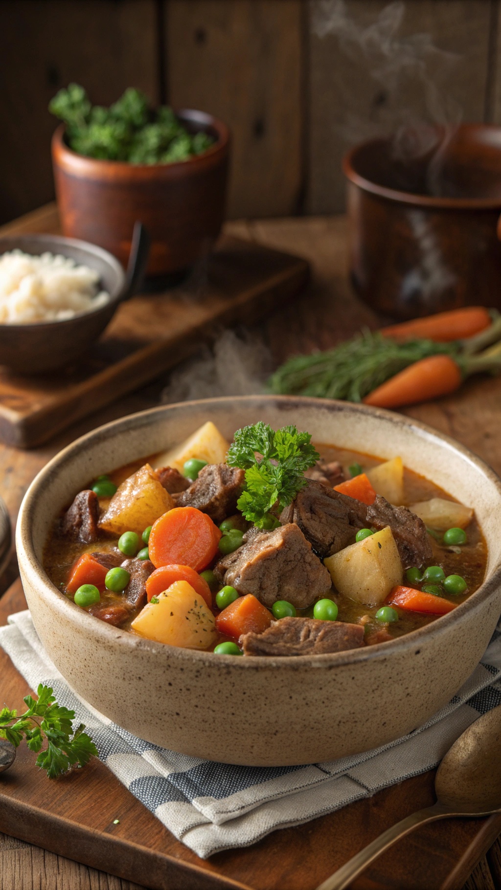 A bowl of hearty beef and vegetable stew with carrots, potatoes, and peas, garnished with parsley.
