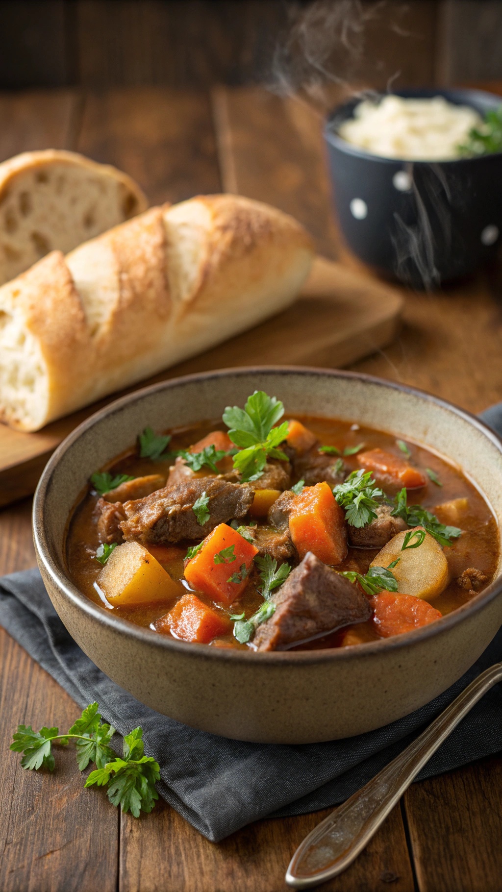 A bowl of hearty beef and vegetable stew with chunks of beef, carrots, and potatoes, garnished with parsley, alongside a loaf of crusty bread.