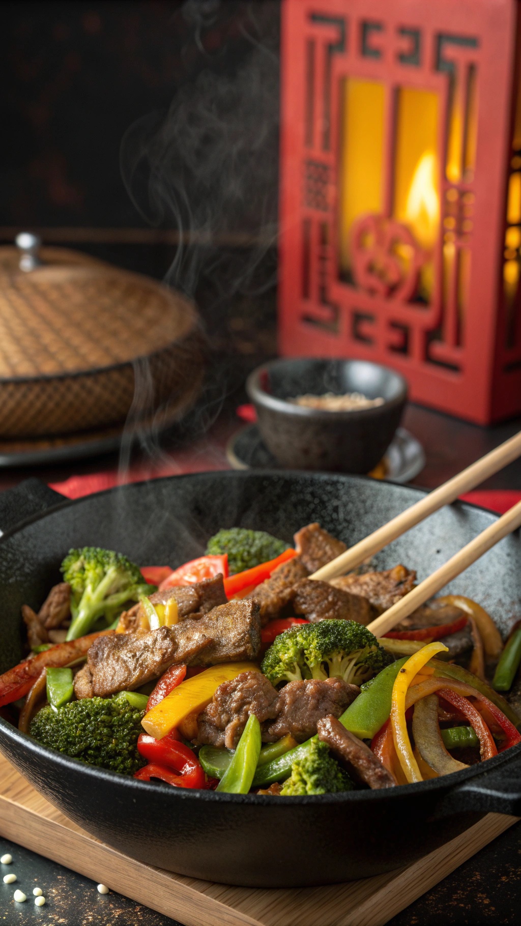 A colorful beef and vegetable stir-fry in a black skillet with steam rising, set against a warm background.
