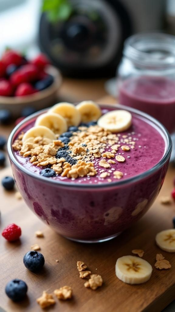 A colorful berry smoothie bowl topped with banana slices, granola, and seeds, surrounded by fresh berries.