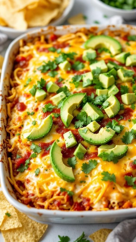 A hearty breakfast burrito casserole topped with avocado and cilantro, served with tortilla chips.