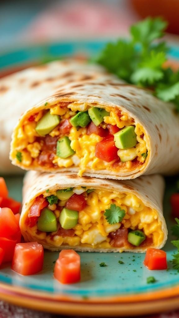 Two hearty breakfast burritos filled with scrambled eggs, tomatoes, and avocado, served on a colorful plate with diced tomatoes on the side.