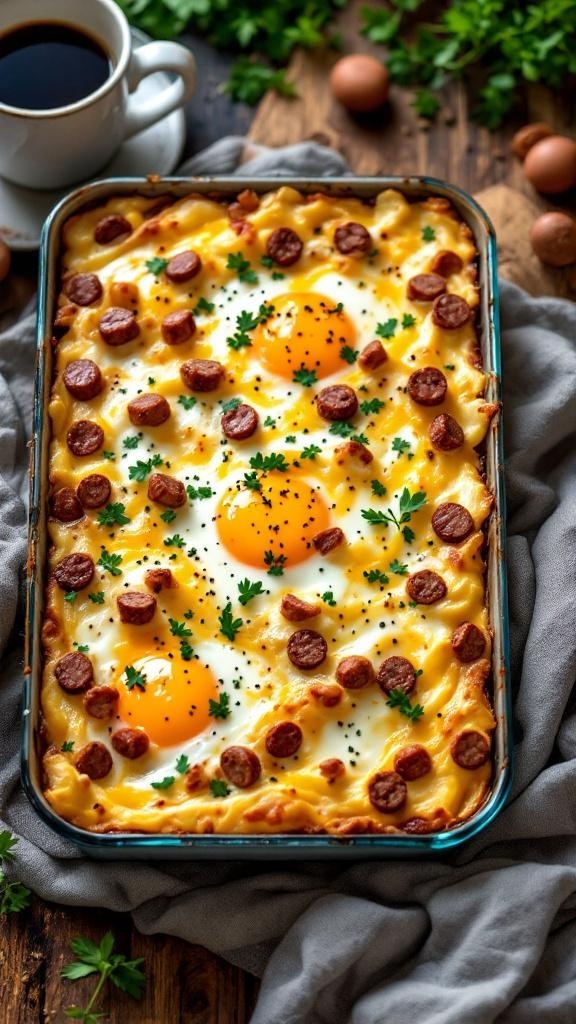 A hearty breakfast casserole with eggs and sausage, garnished with parsley, served in a baking dish.