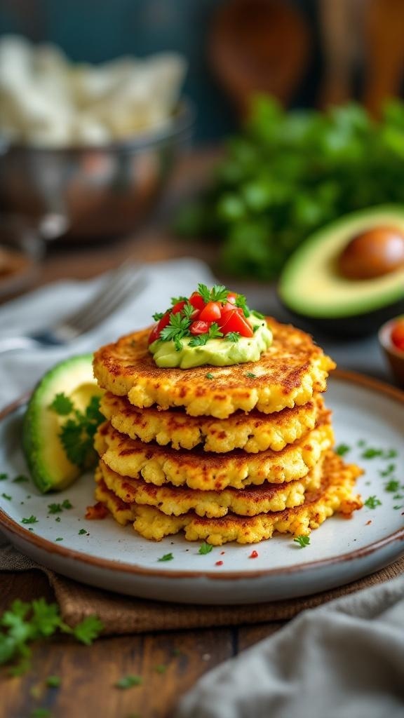 A stack of crispy cauliflower hash browns topped with avocado and tomatoes, garnished with cilantro.