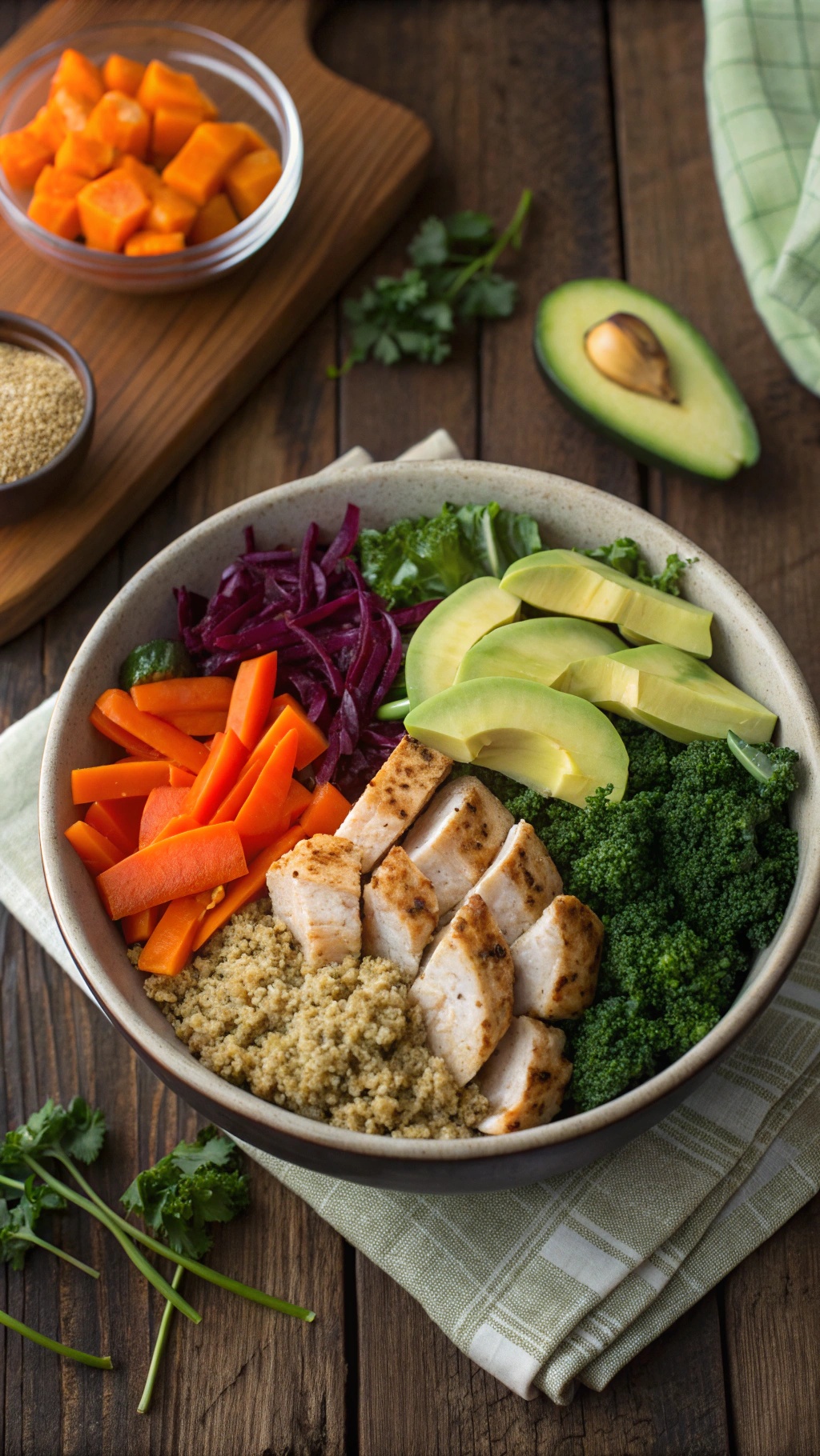 A hearty chicken and quinoa bowl with colorful vegetables and avocado.