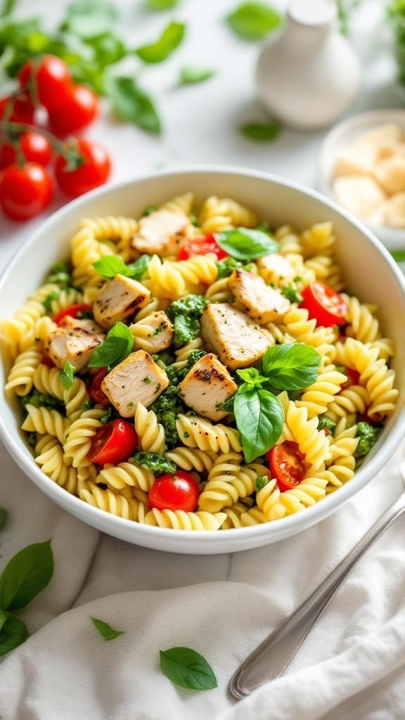 A bowl of hearty chicken pesto pasta salad with rotini pasta, grilled chicken, cherry tomatoes, and fresh basil.