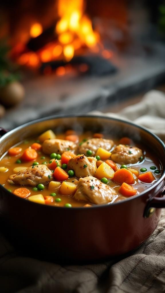 A pot of hearty chicken thigh stew with vegetables simmering over a fireplace.