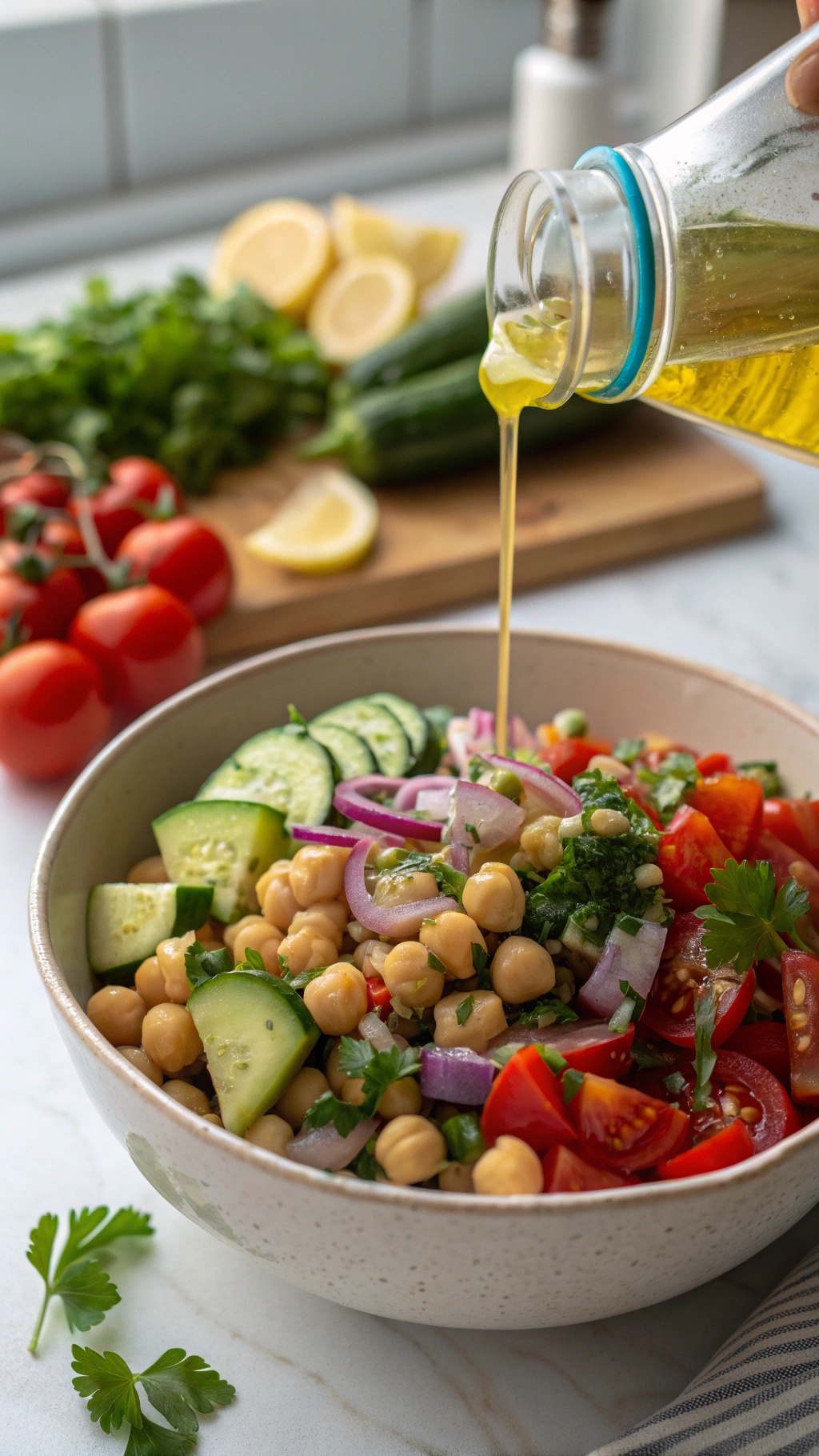 A colorful chickpea salad with cucumbers, tomatoes, and herbs being drizzled with olive oil.