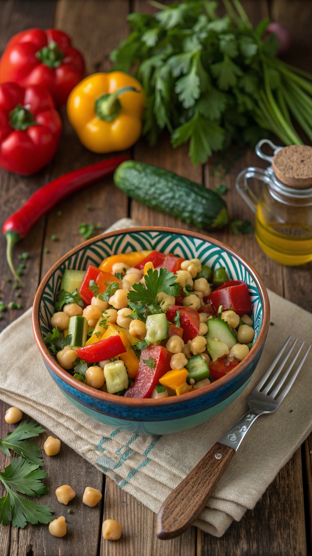 A colorful chickpea salad with bell peppers, cucumber, and parsley in a bowl