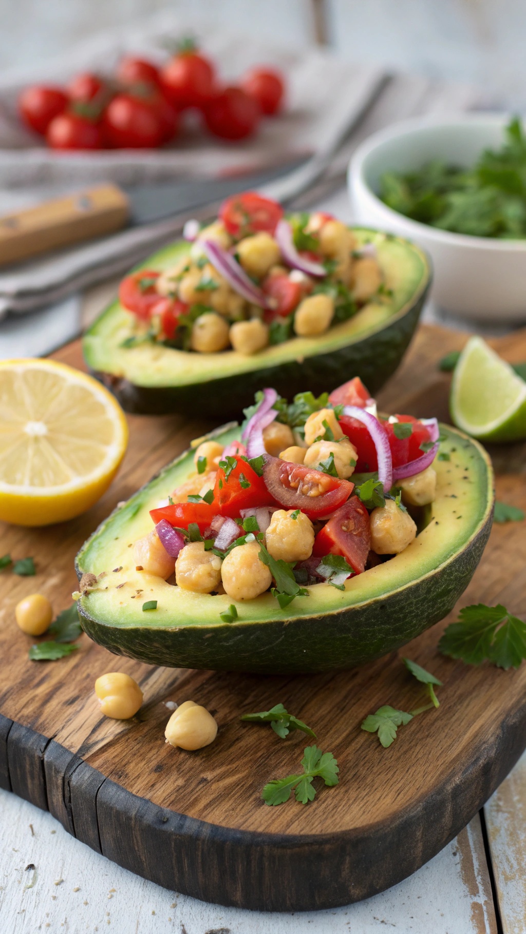 Hearty chickpea salad stuffed avocados on a wooden board with lemon slices.