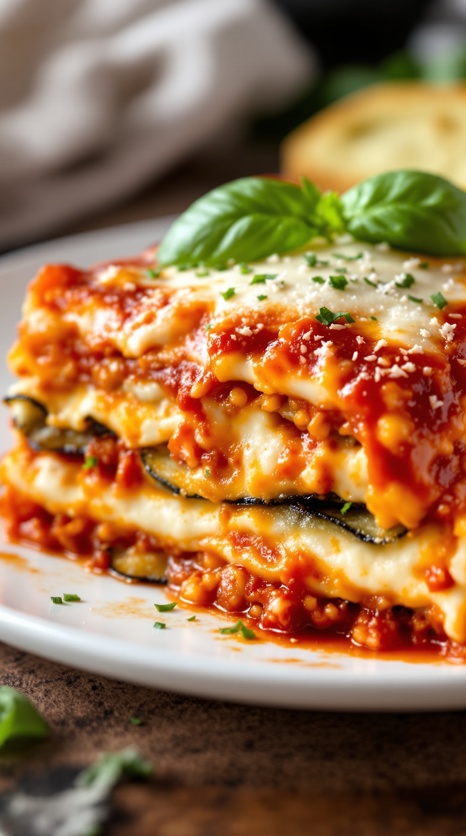 A delicious serving of eggplant lasagna topped with fresh basil and cheese.