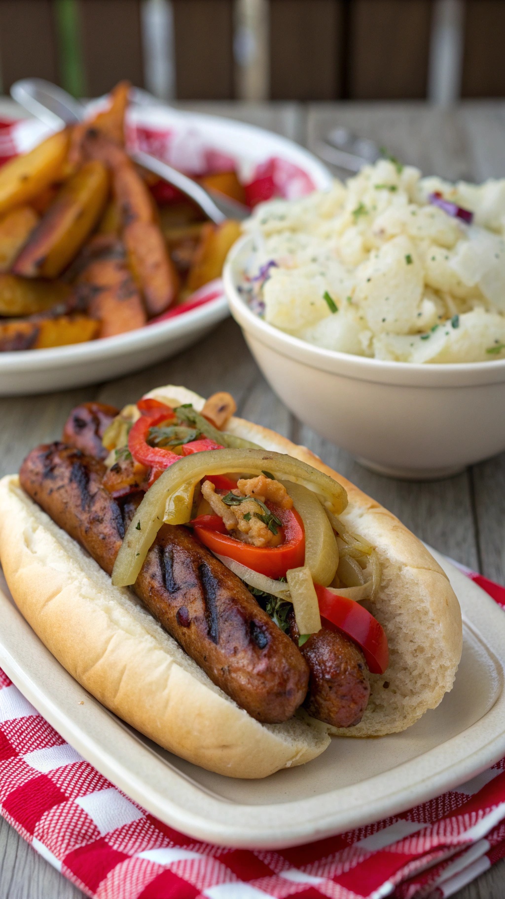 A plate of grilled sausages topped with peppers and onions in a bun, served with sides of grilled vegetables and potato salad.