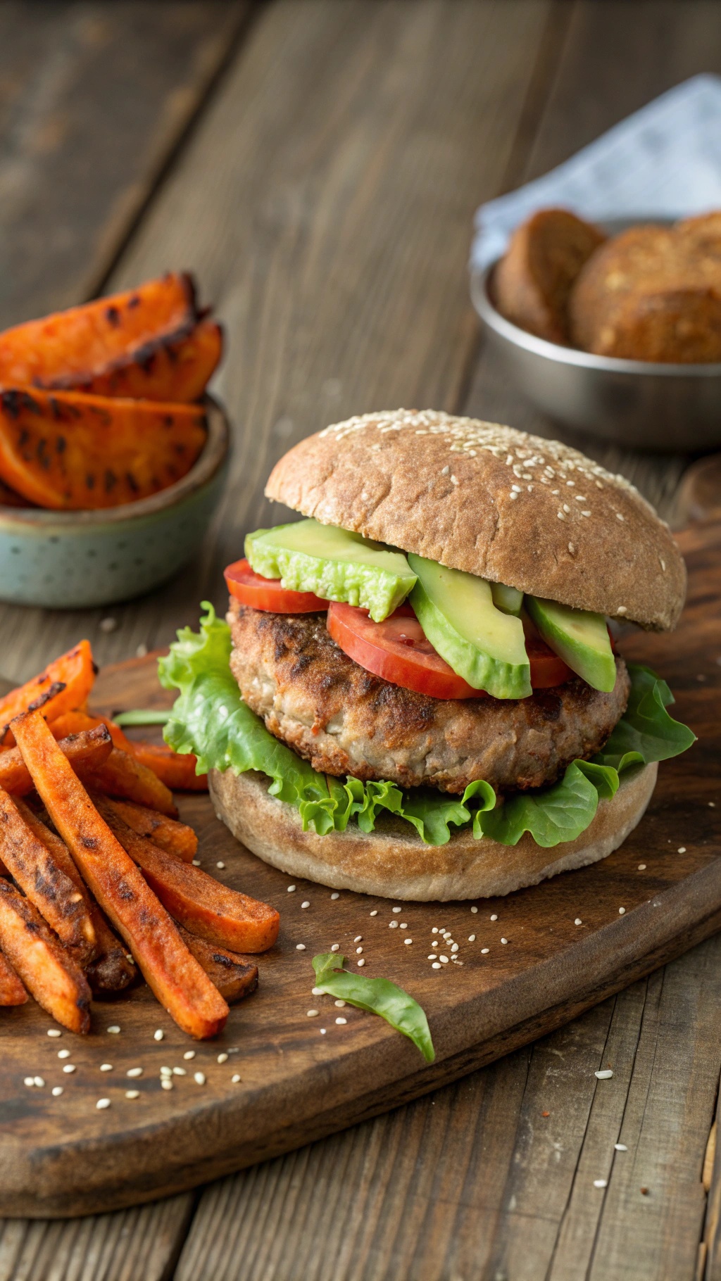 A delicious grilled turkey burger with lettuce, tomato, and avocado, served with sweet potato fries.