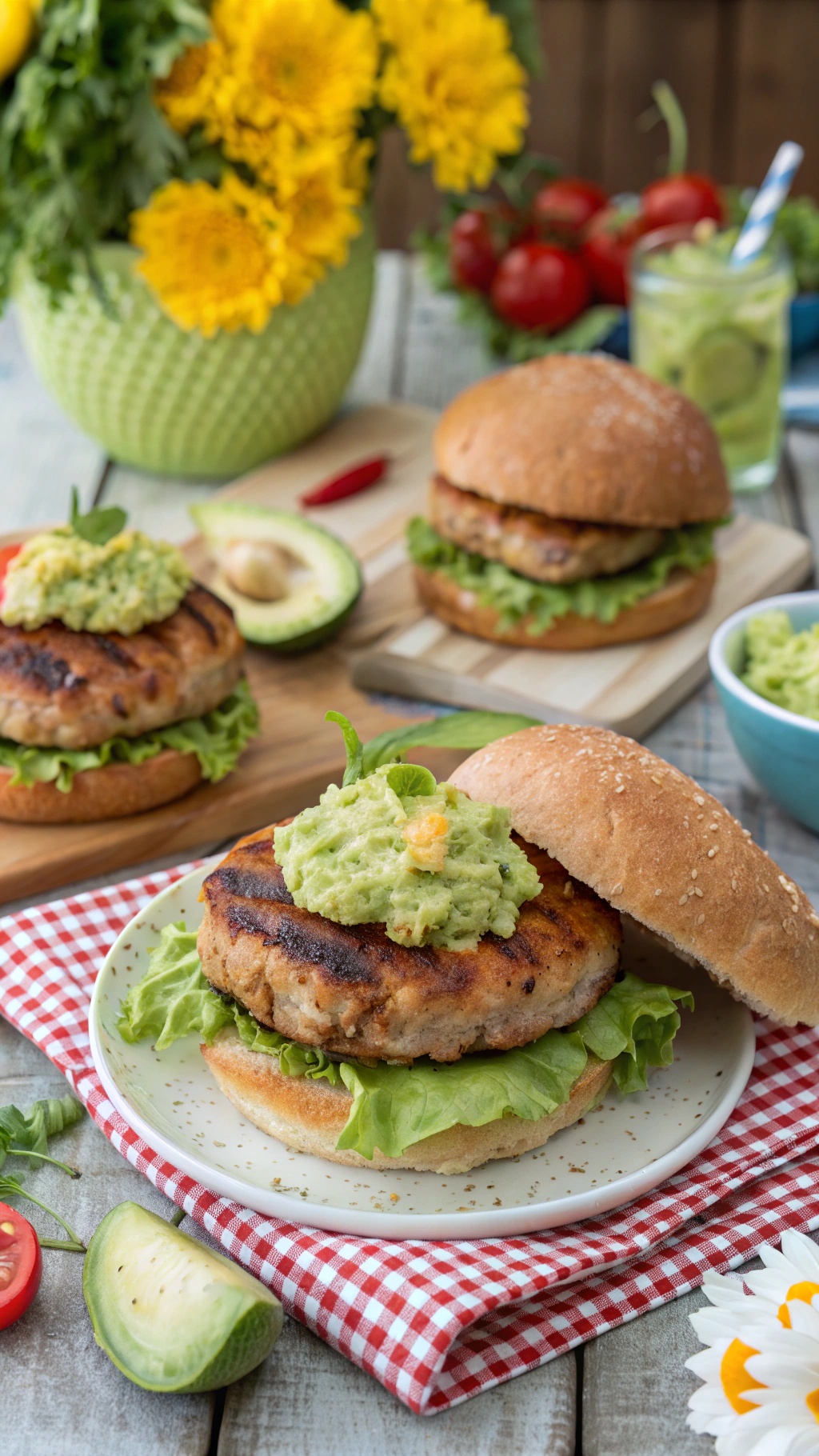 Hearty grilled turkey burgers with avocado spread on a plate, surrounded by fresh ingredients.
