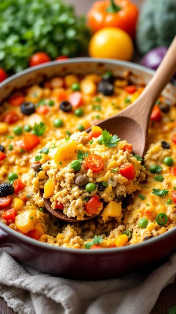 A hearty ground turkey and vegetable casserole with colorful peppers and peas