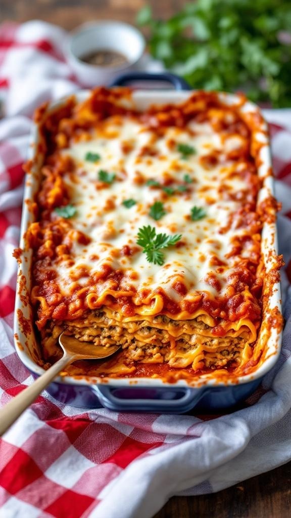 A deliciously baked ground turkey lasagna with melted cheese and fresh parsley on top.