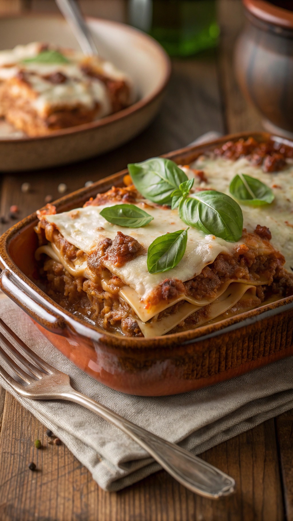 A delicious serving of hearty lasagna with layers of meat sauce, cheese, and fresh basil.