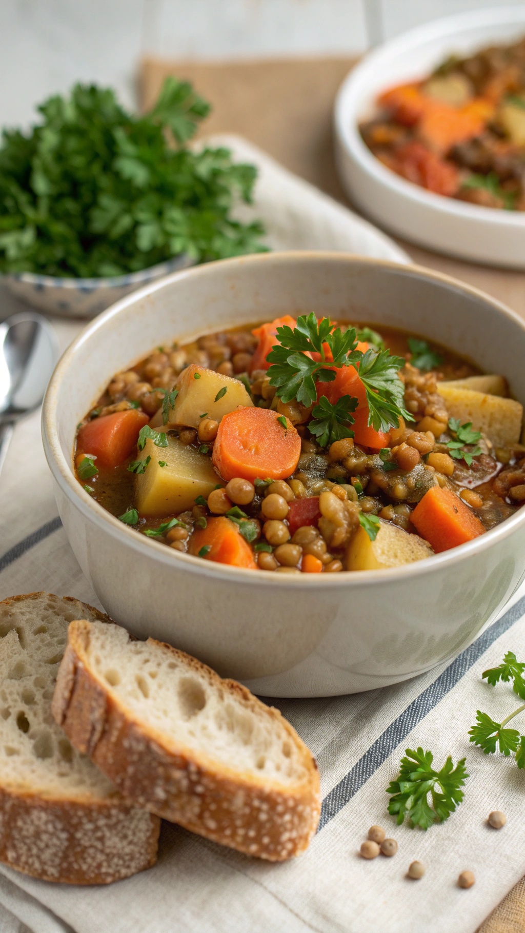 A bowl of hearty lentil and vegetable stew with fresh herbs and slices of bread