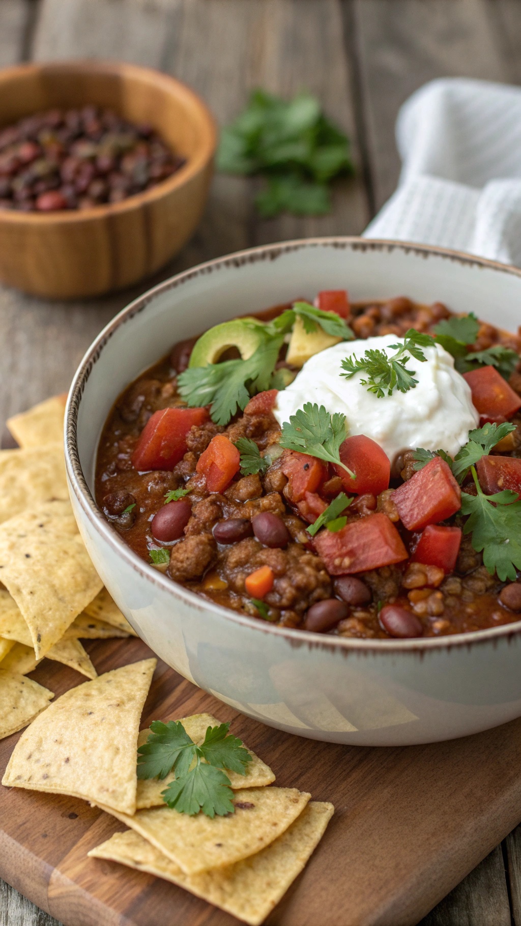 A bowl of hearty lentil chili topped with tomatoes, cilantro, and sour cream, served with tortilla chips.