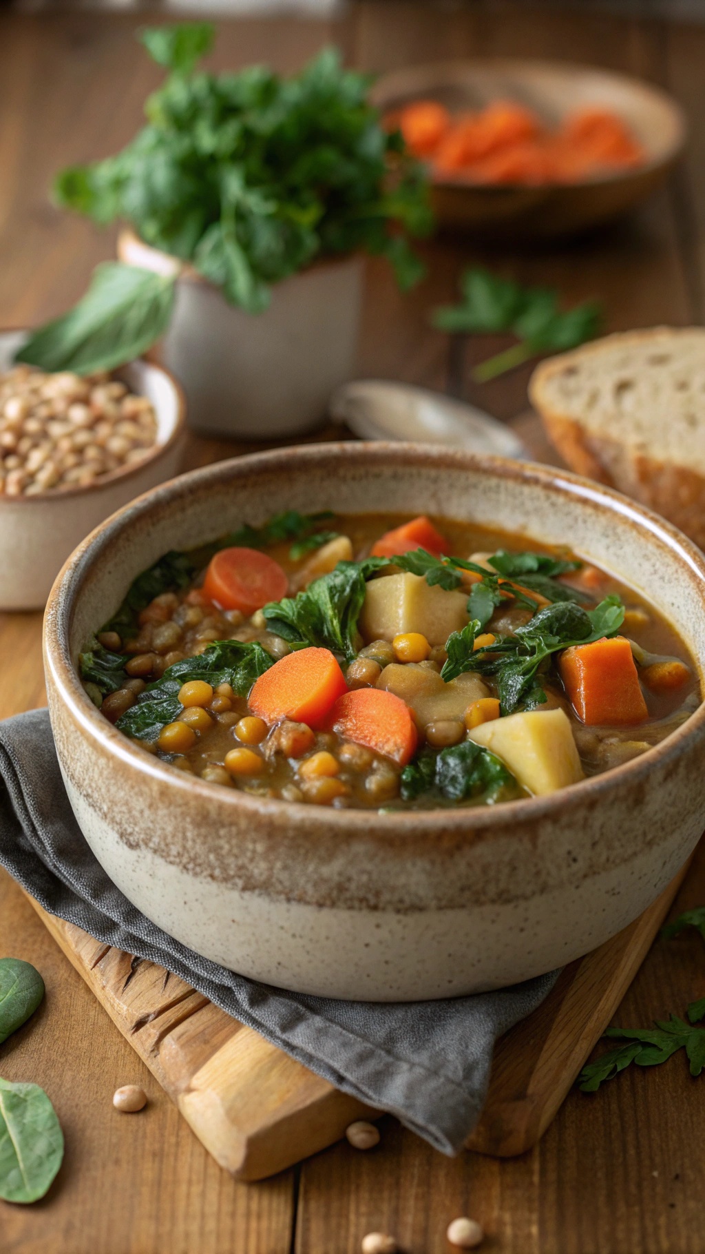 A bowl of hearty lentil stew with vegetables, garnished with fresh herbs.