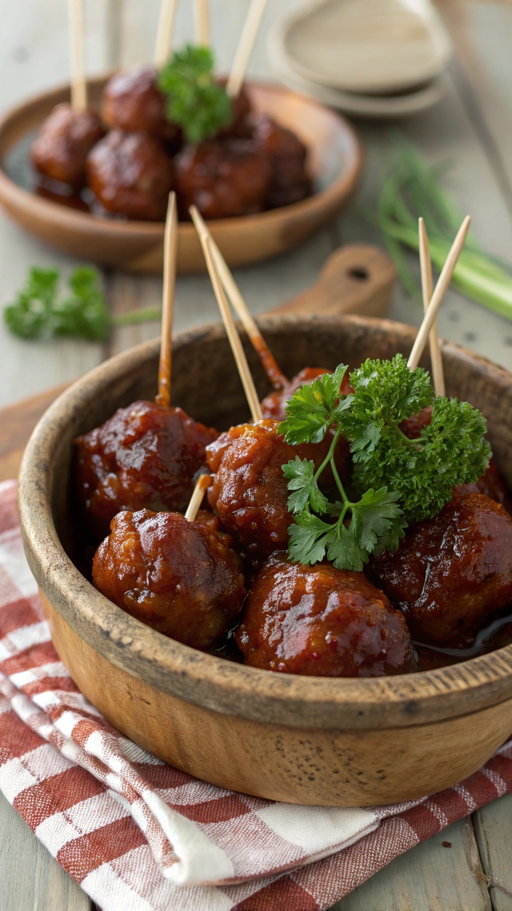 A bowl of hearty meatballs in tangy BBQ sauce, garnished with parsley and served with skewers.