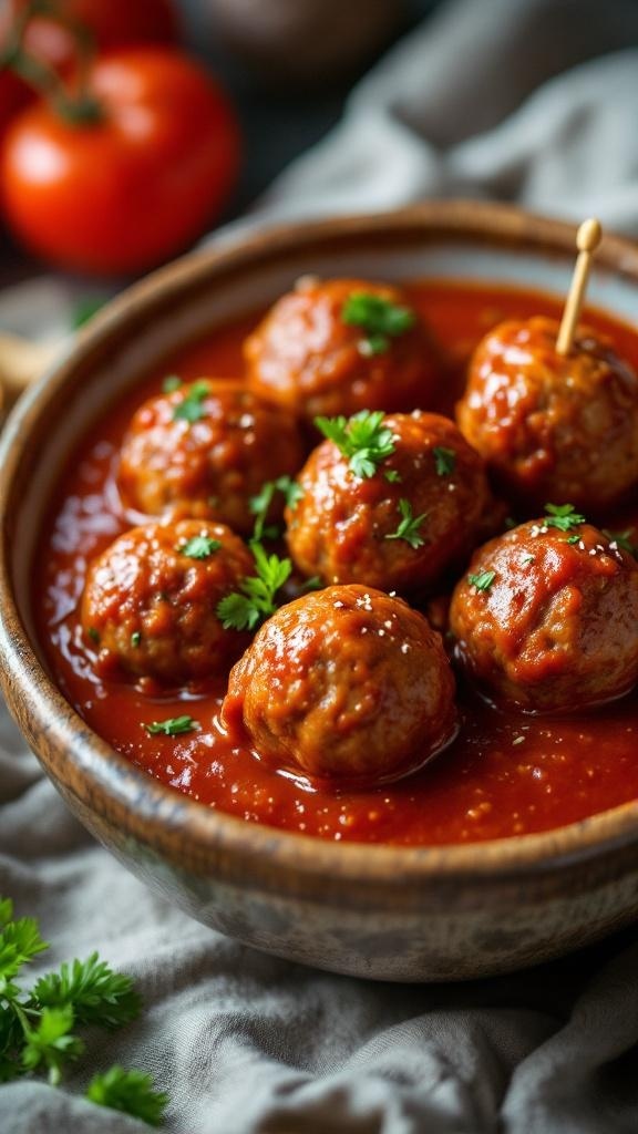 A bowl of hearty meatballs in tomato sauce, garnished with parsley.
