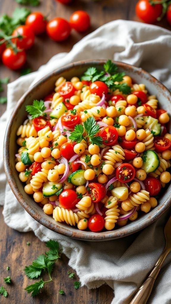 A colorful bowl of Mediterranean Chickpea Pasta Salad with cherry tomatoes, cucumbers, and herbs.