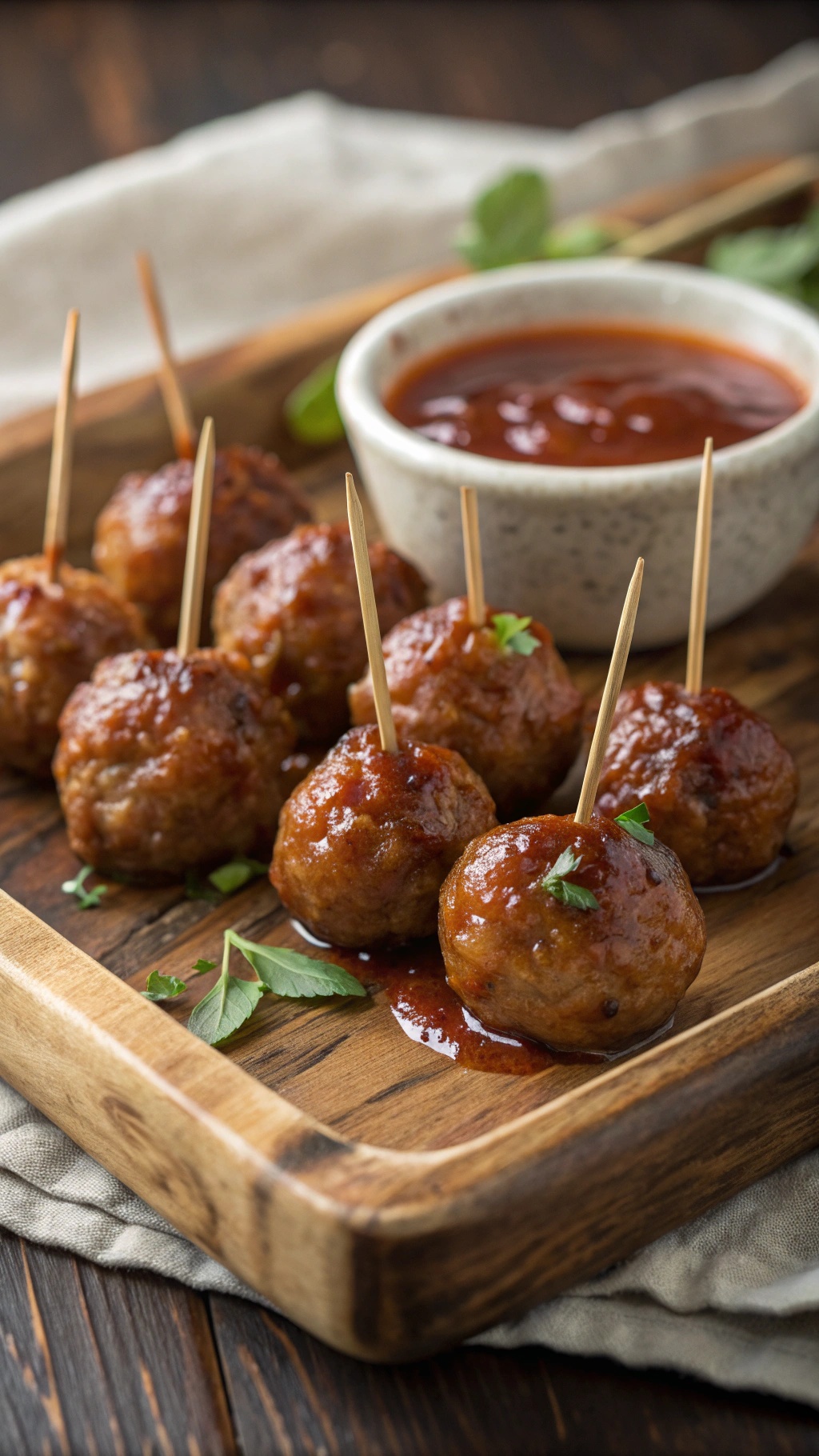 A wooden platter with mini meatballs skewered with toothpicks and a bowl of dipping sauce.