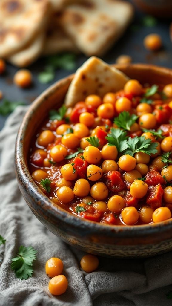 A bowl of hearty Moroccan chickpea stew with chickpeas, tomatoes, and spices, garnished with fresh cilantro and served with bread.