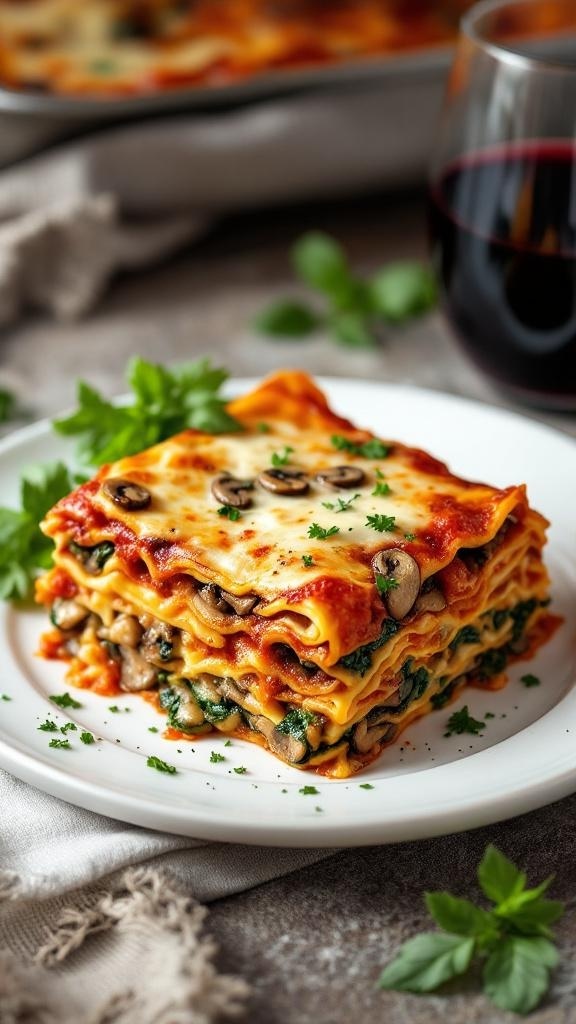 A delicious serving of mushroom and spinach lasagna on a plate, garnished with parsley, next to a glass of red wine.