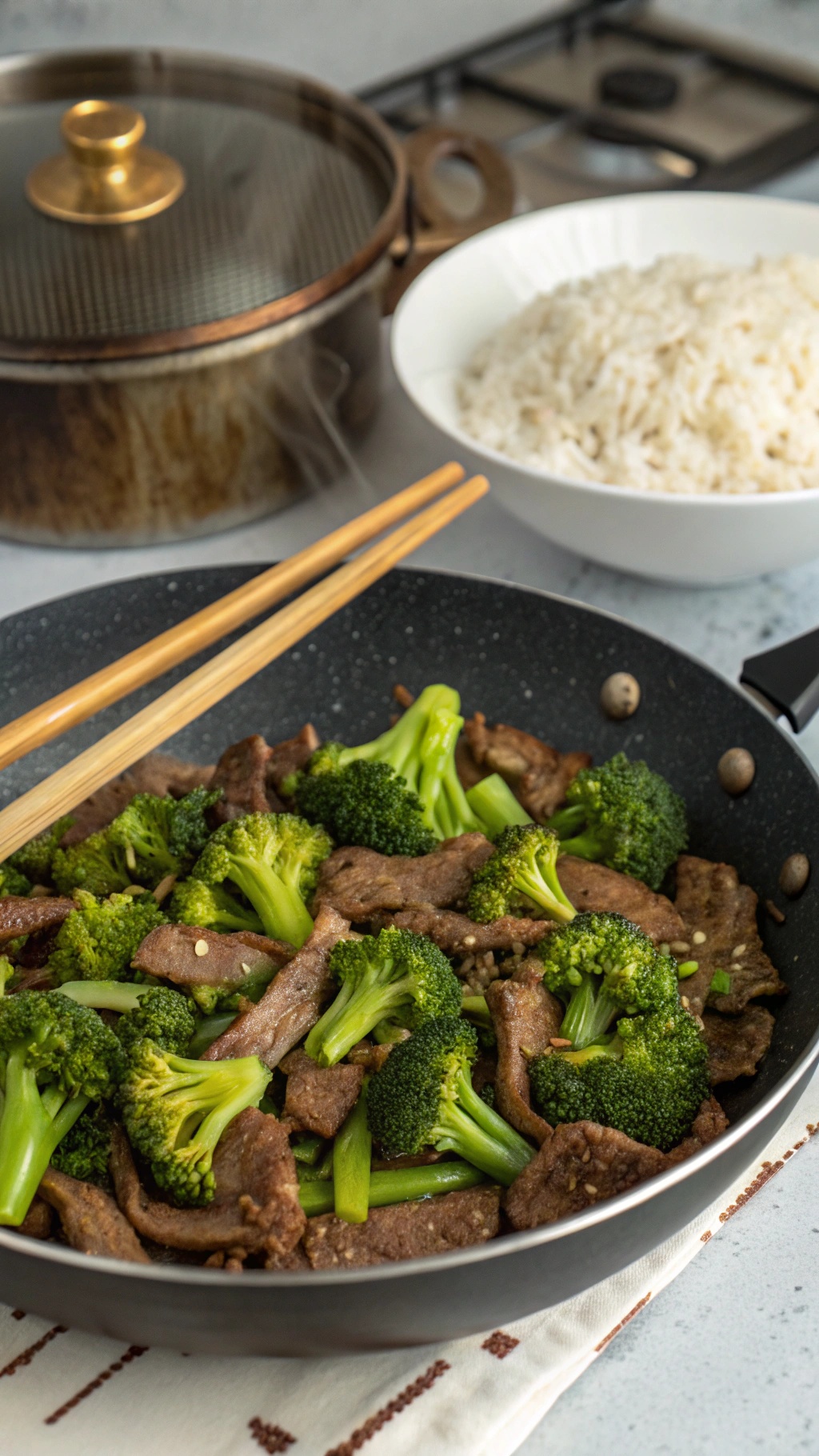 A one-pan beef and broccoli stir-fry with chopsticks and a bowl of rice in the background.