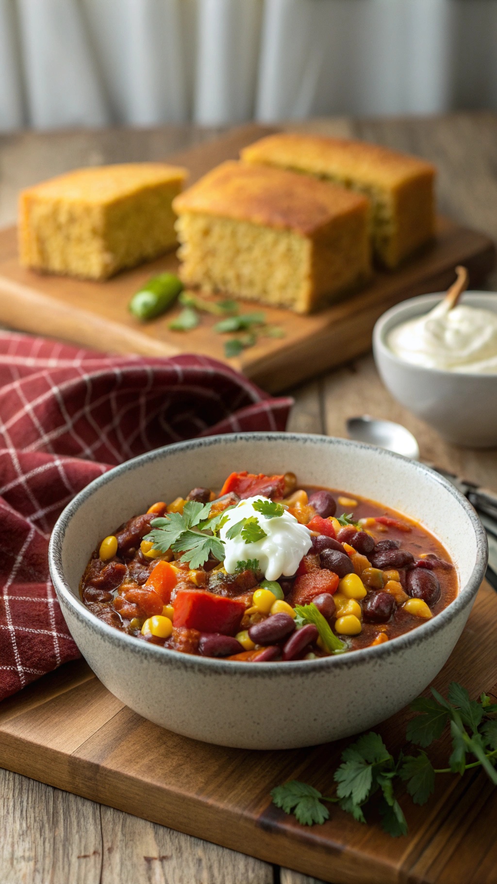 A bowl of hearty veggie chili topped with sour cream and cilantro, with cornbread in the background.