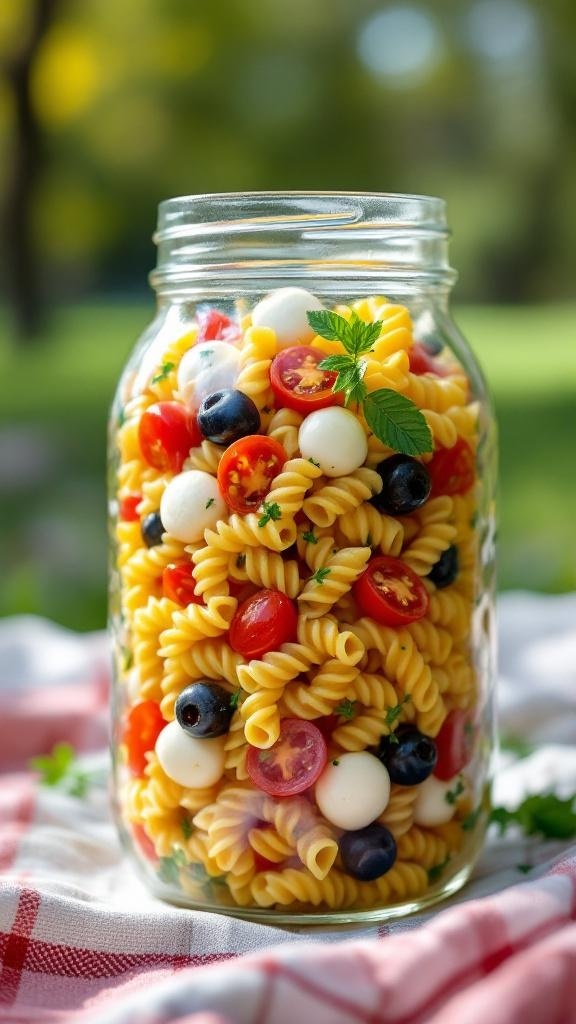 A jar filled with colorful rotini pasta salad with cherry tomatoes and mozzarella balls.