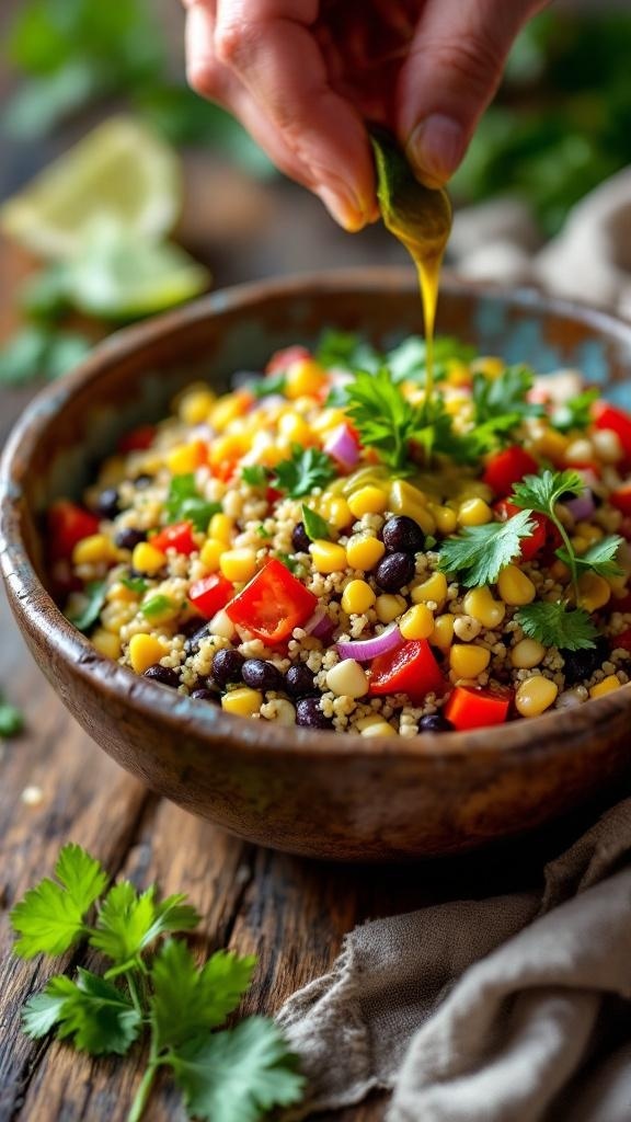 A colorful quinoa and black bean salad with fresh ingredients being drizzled with lime juice.