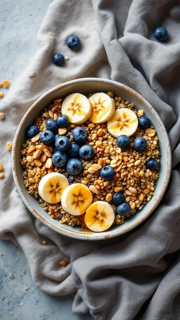 A hearty quinoa breakfast bowl topped with sliced bananas, blueberries, and granola.
