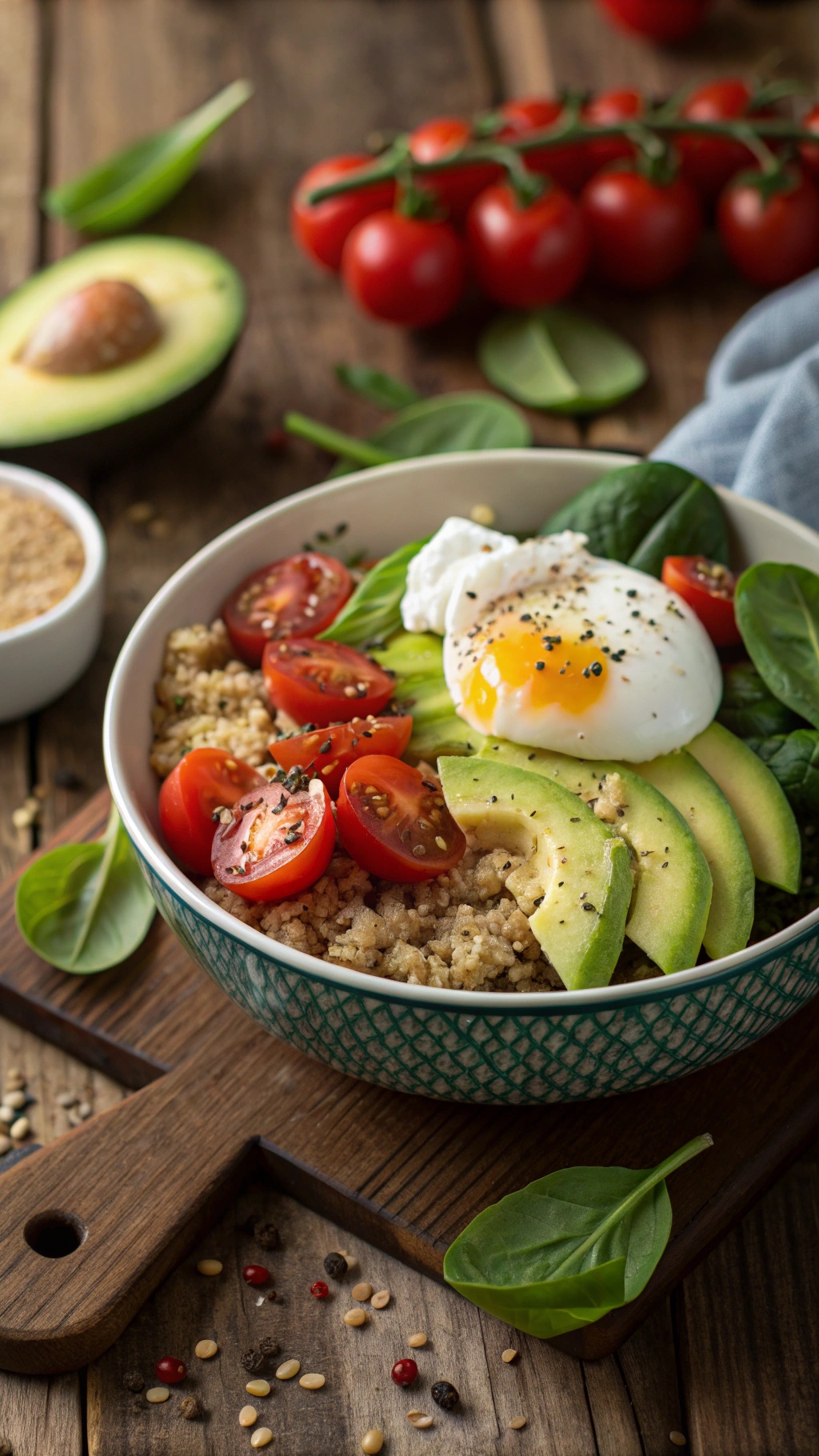 A hearty quinoa breakfast bowl with spinach, cherry tomatoes, avocado, and a poached egg.