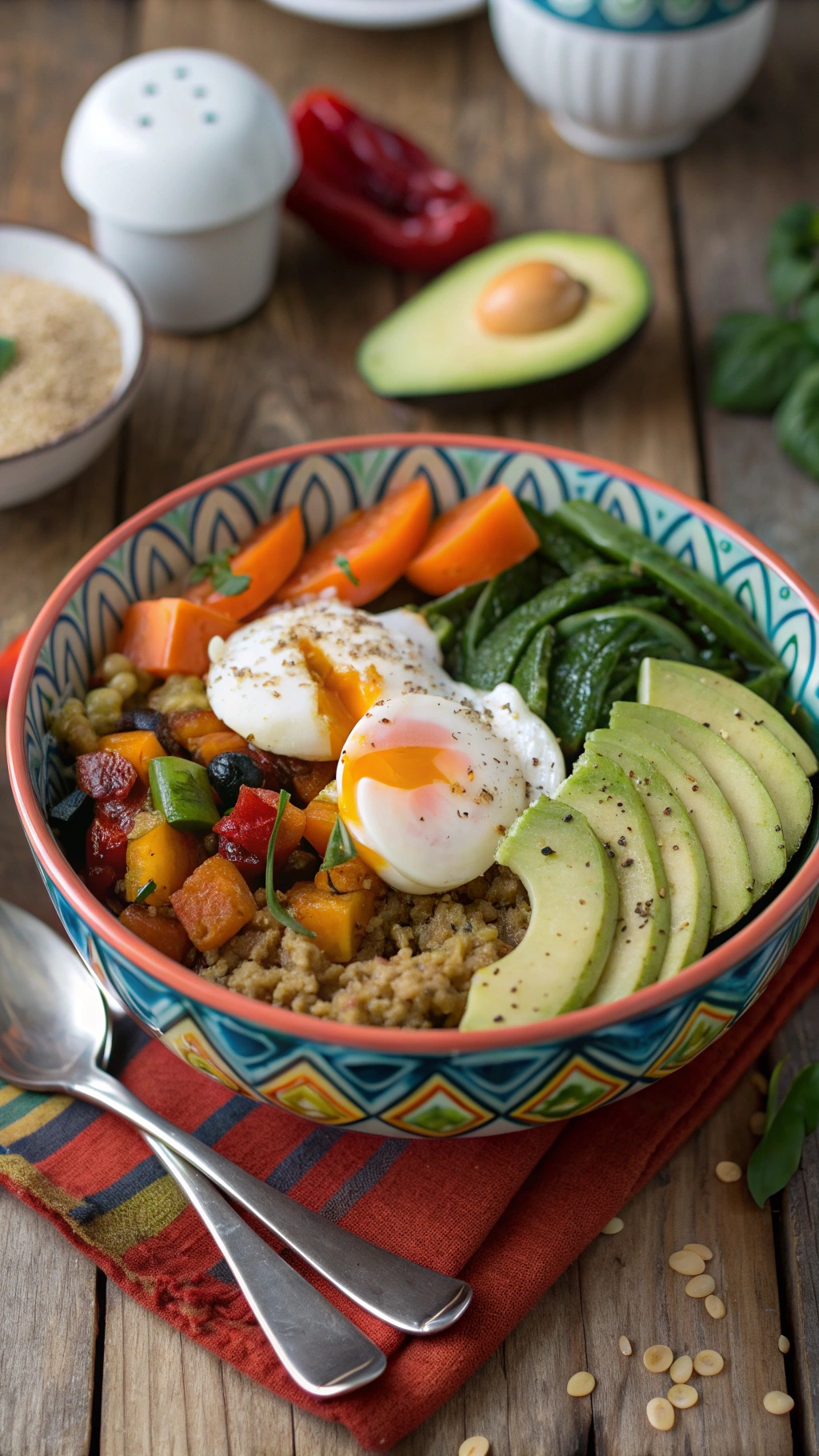 A colorful quinoa breakfast bowl with poached eggs, avocado, and vegetables.