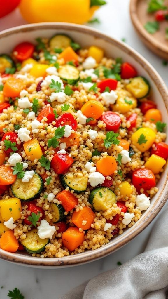 A colorful quinoa salad with roasted vegetables, garnished with parsley and feta cheese.
