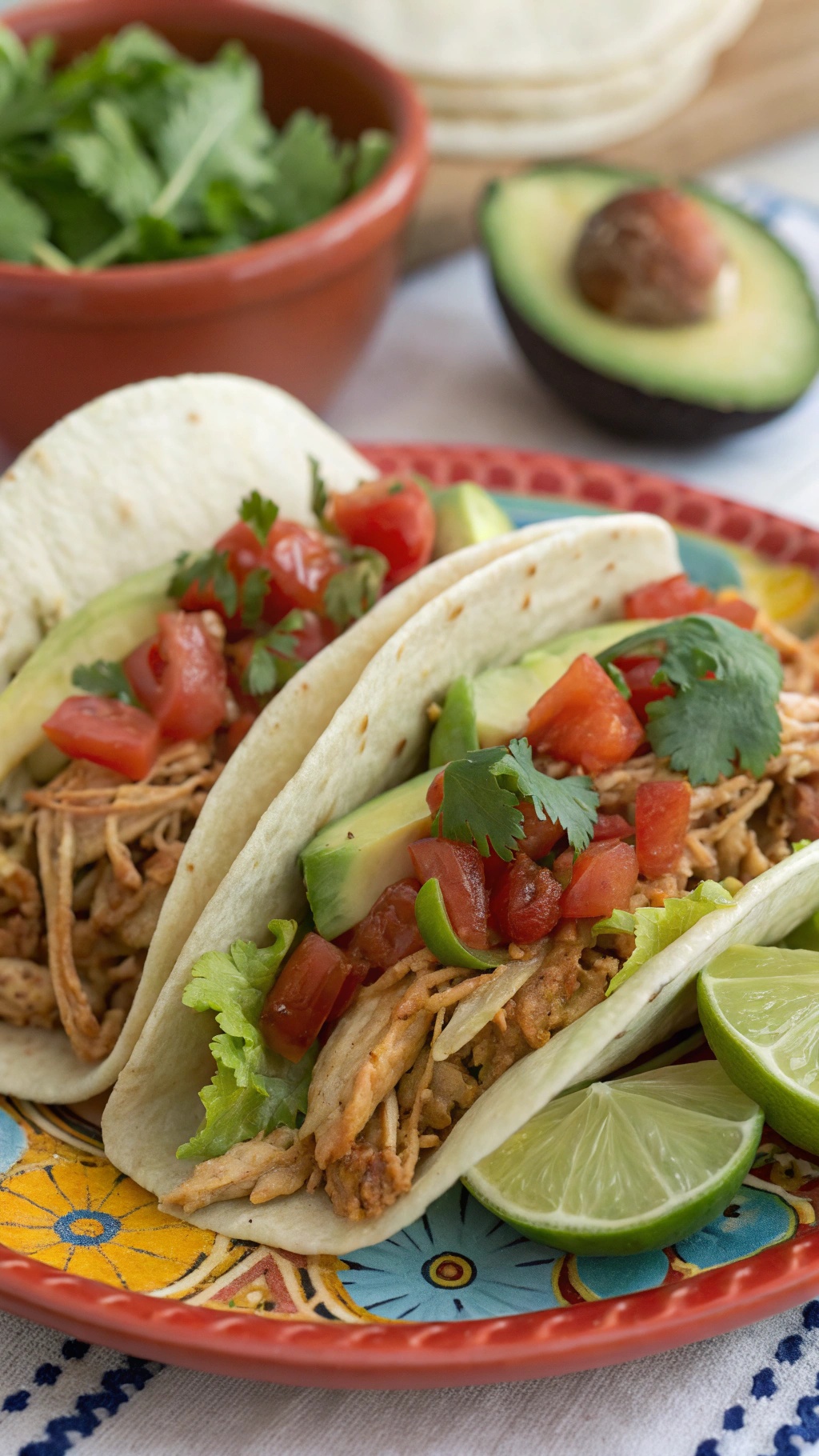 Hearty slow cooker chicken tacos with toppings on a colorful plate