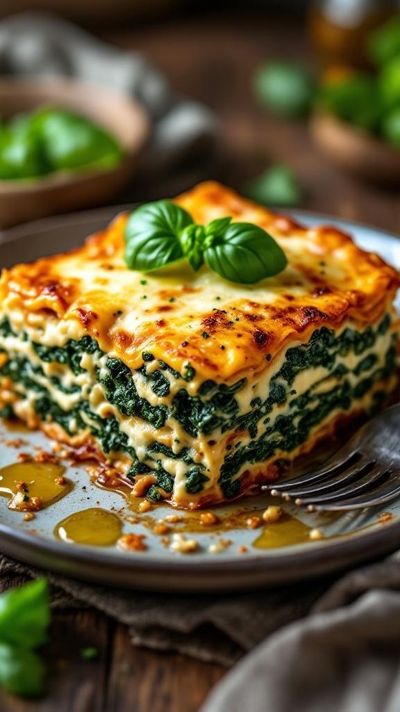 A slice of hearty spinach and ricotta power lasagna on a plate, garnished with fresh basil.