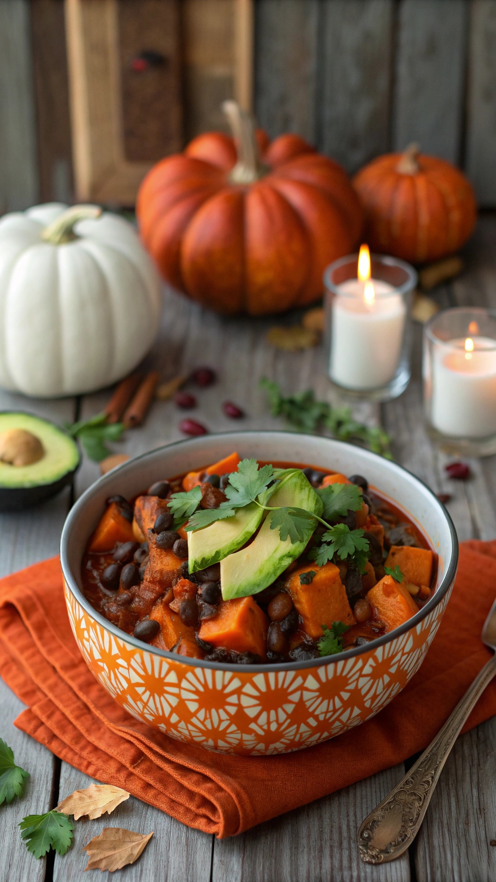 A bowl of hearty sweet potato and black bean chili topped with avocado and cilantro, surrounded by pumpkins and candles.