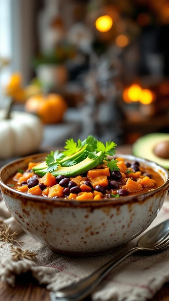 A bowl of hearty sweet potato and black bean chili topped with avocado and cilantro, set in a cozy autumn atmosphere.
