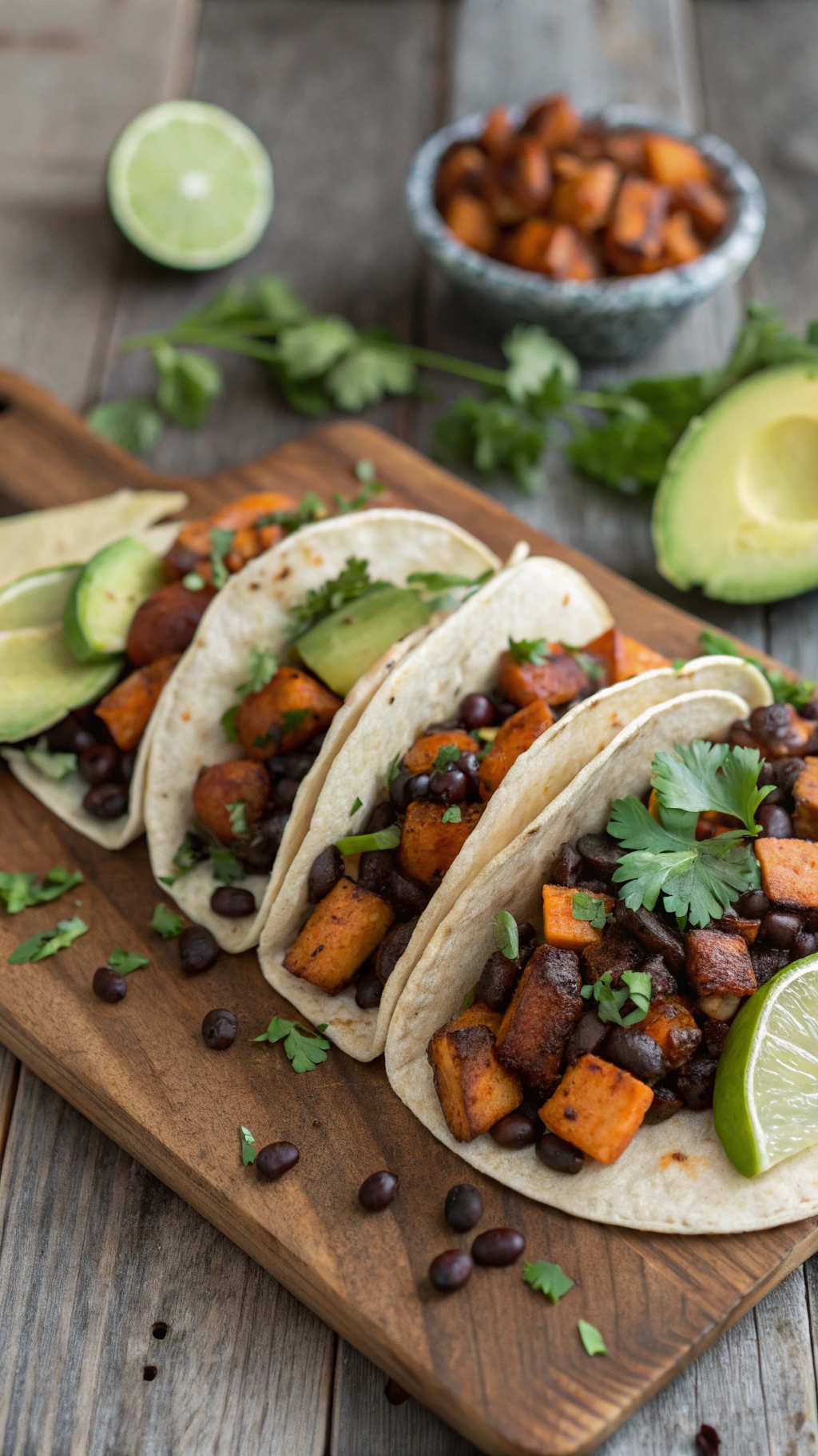 Hearty sweet potato and black bean tacos on a wooden board with lime and avocado