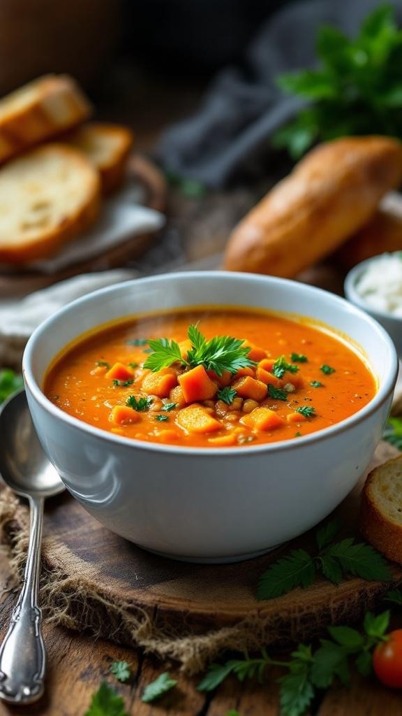 A bowl of hearty sweet potato and lentil soup garnished with parsley, served with slices of bread on the side.
