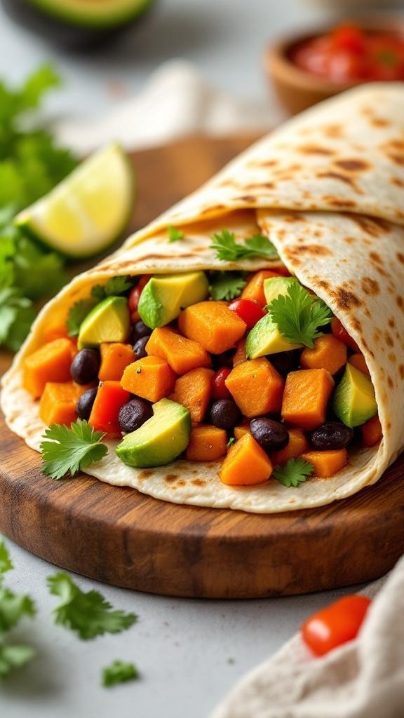 Hearty sweet potato breakfast burrito filled with diced sweet potatoes, black beans, and avocado, wrapped in a tortilla.