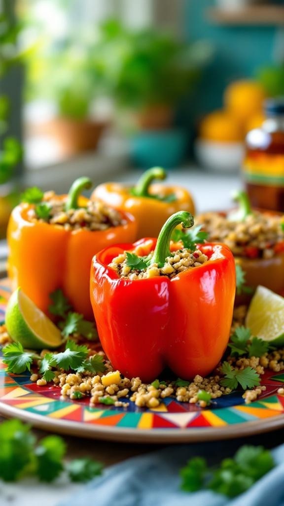 Hearty turkey and quinoa stuffed peppers on a colorful plate