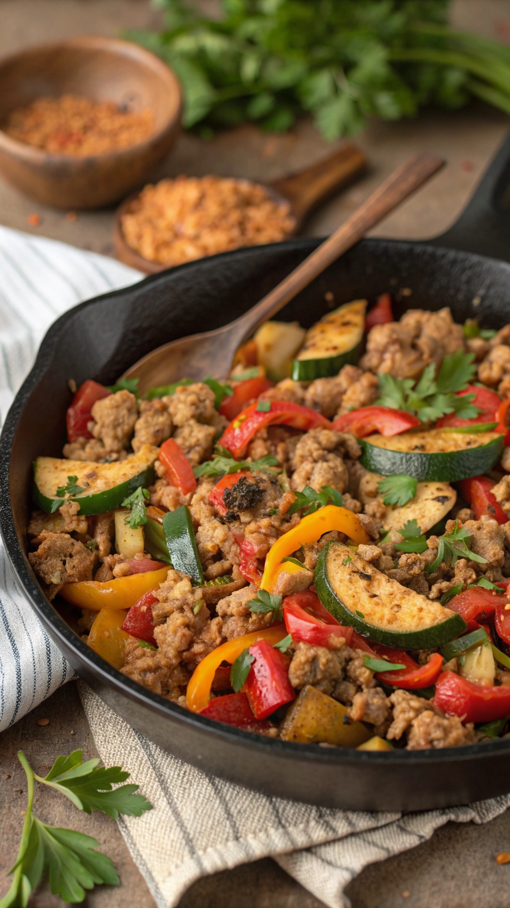 A colorful turkey and vegetable skillet with bell peppers, zucchini, and ground turkey.