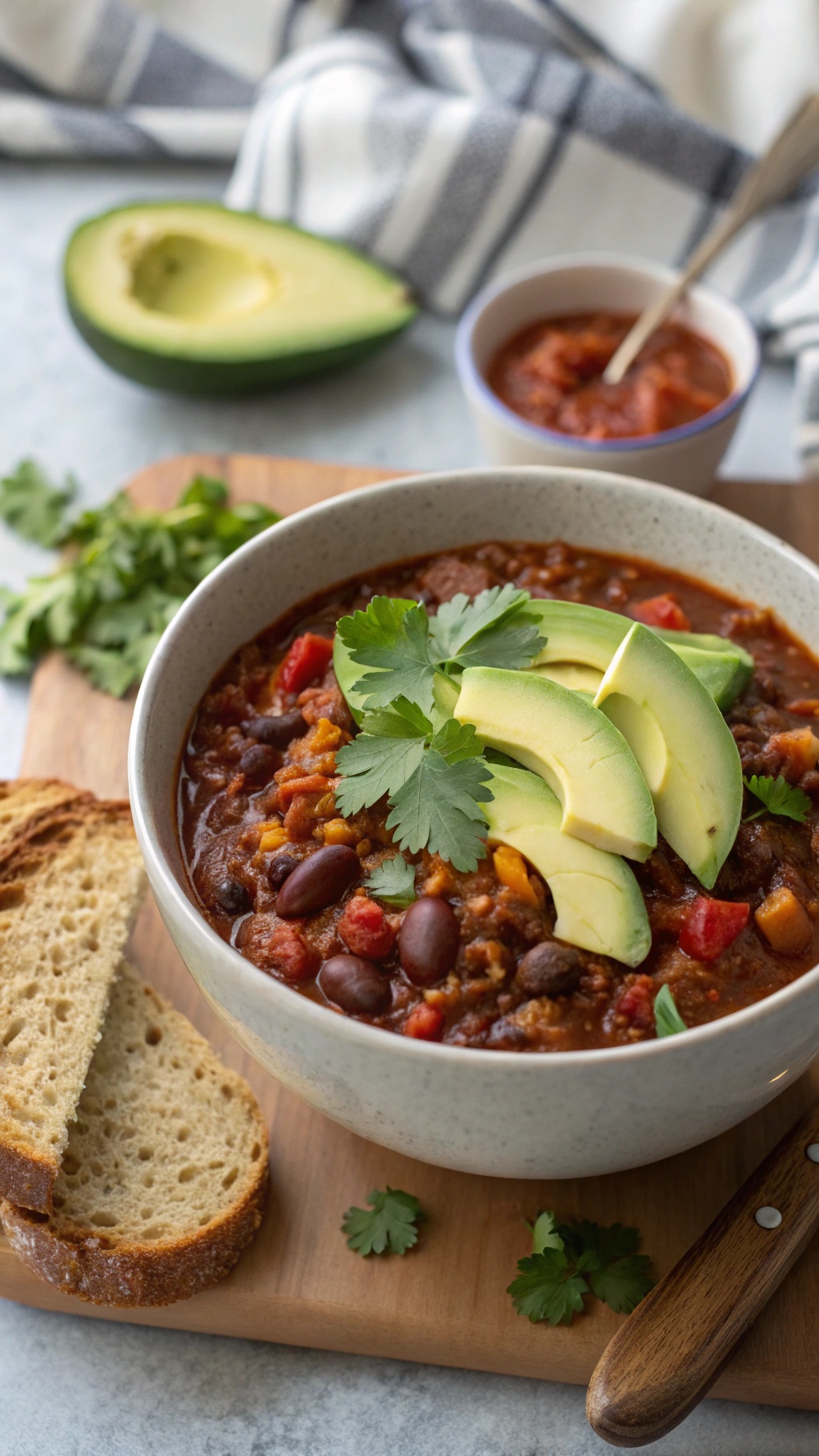 A bowl of hearty vegetable and bean chili topped with avocado slices and cilantro, served with slices of bread.